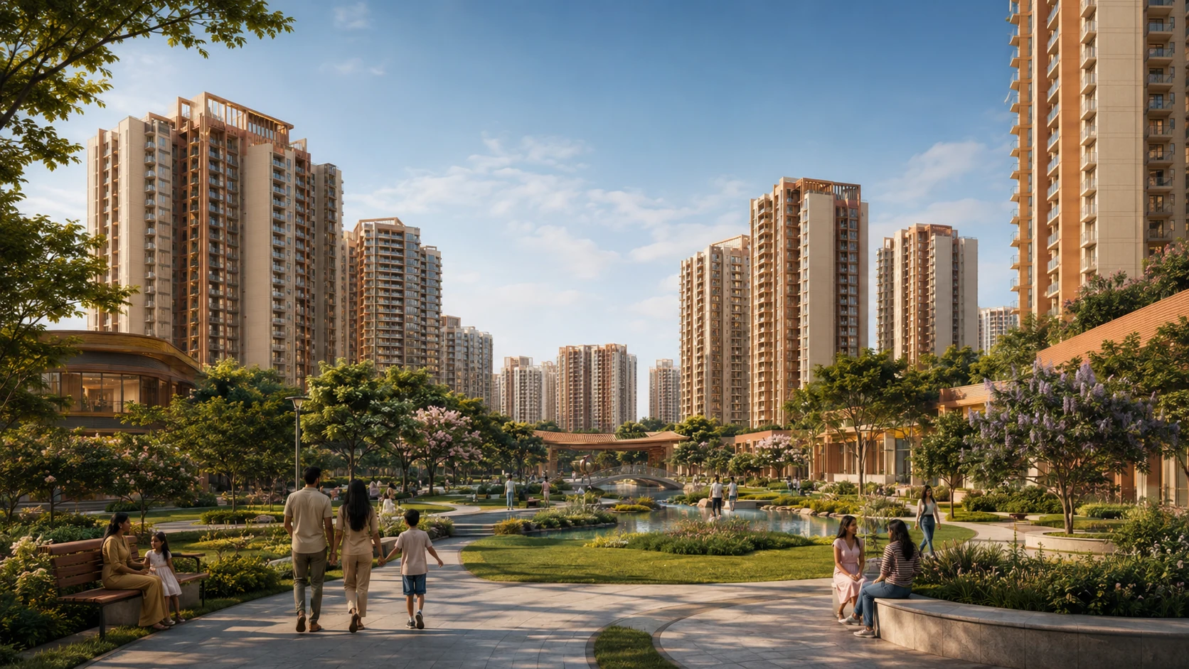 Conceptual landscaped residential district with water gardens and towers