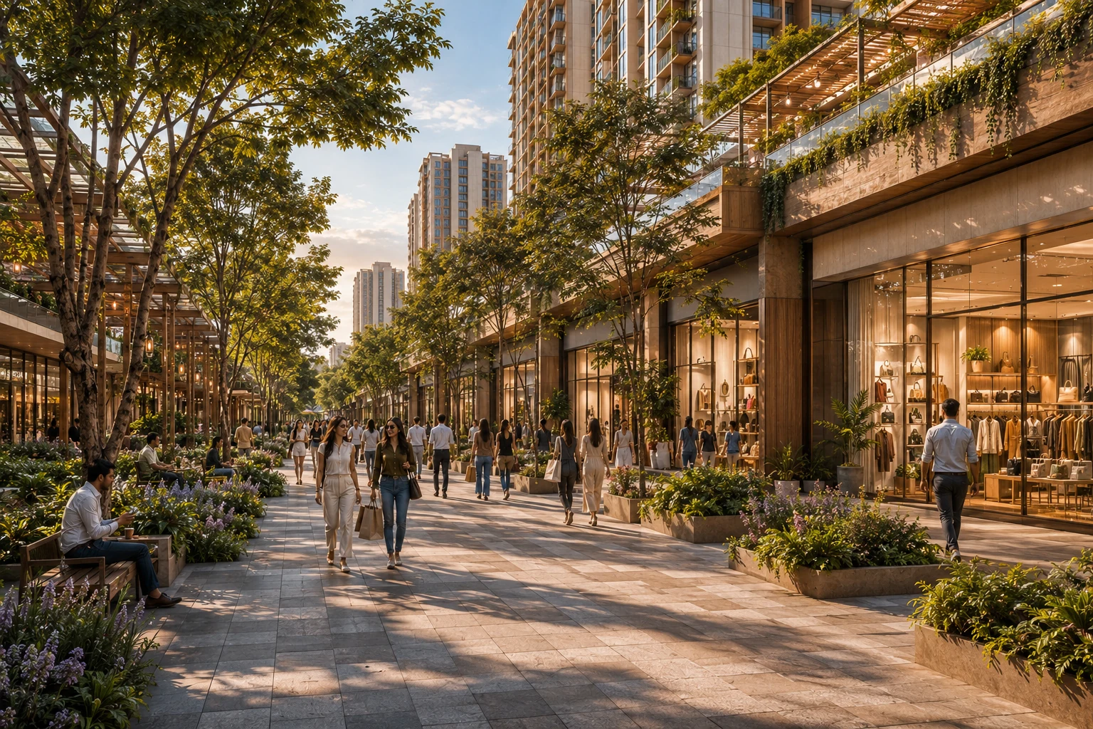 Landscaped high street retail promenade