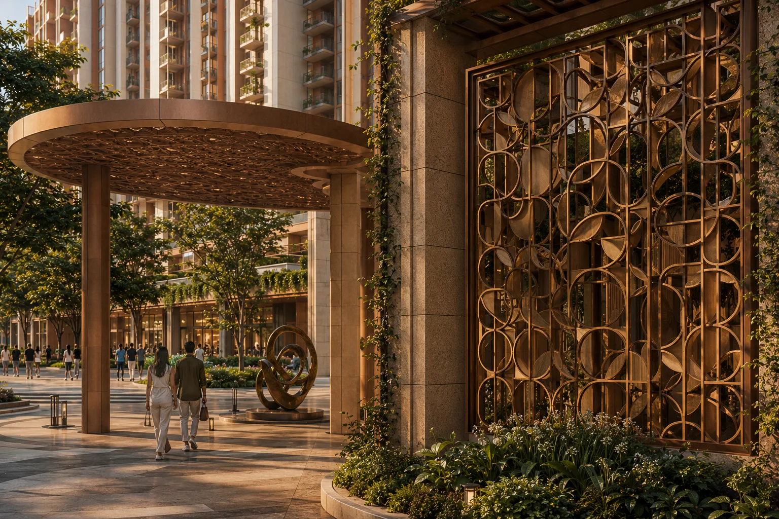 Bronze architectural screen and integrated public art detail