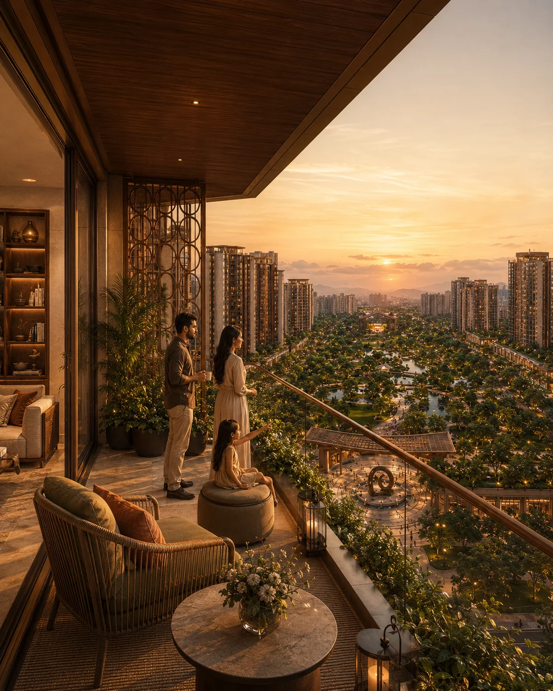 Premium residence balcony overlooking the Gateway Kalyan gardens at sunset