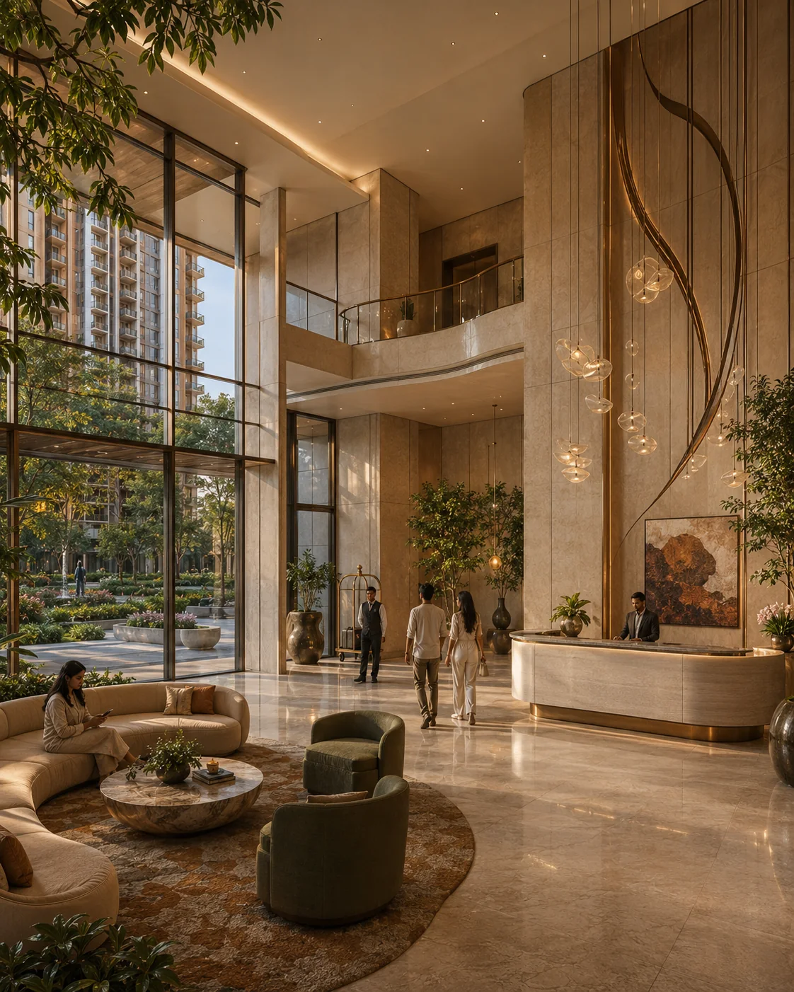 Grand residential lobby with warm stone, bronze detailing and garden views