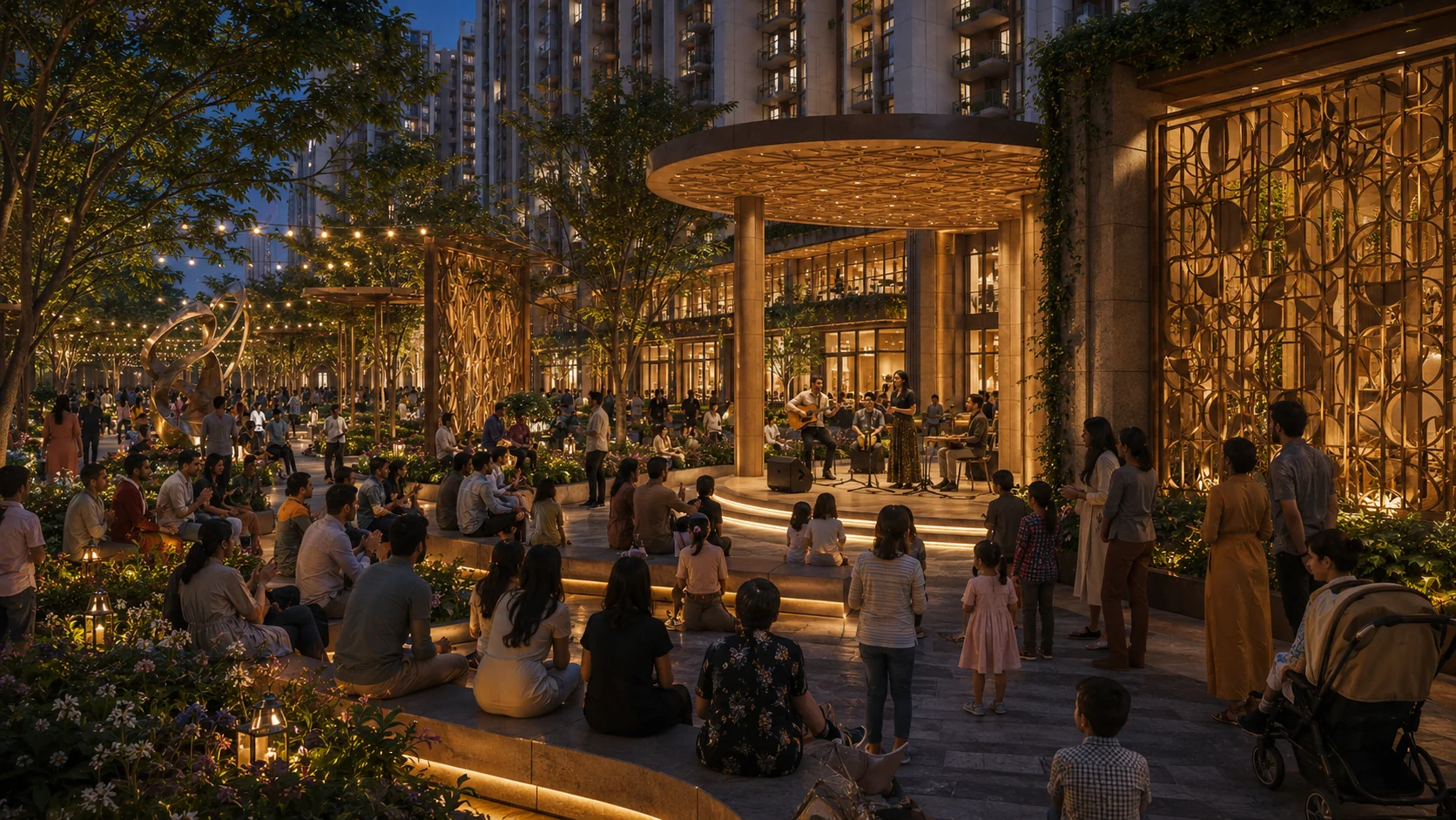 Community performance and cultural gathering in a landscaped plaza