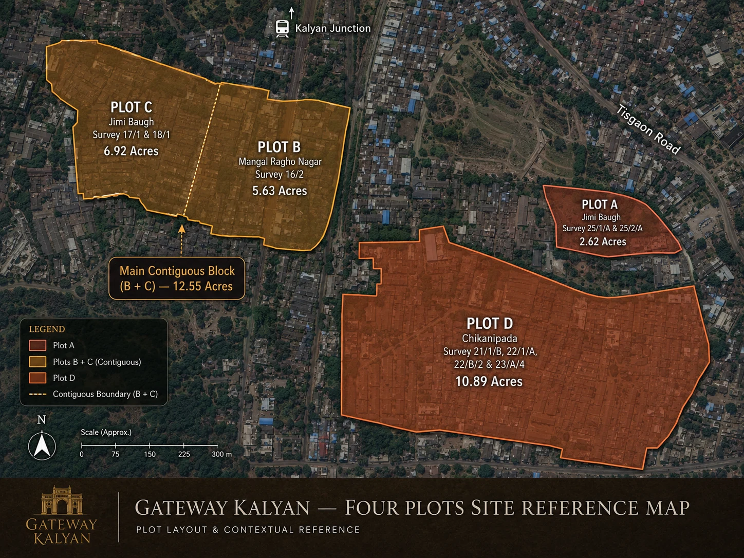 Illustrative reference map showing four proposed Gateway Kalyan plots in Tisgaon, Kalyan East